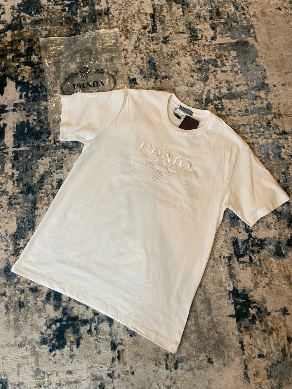 Prada White Embossed Logo Short Sleeve Crew Tee